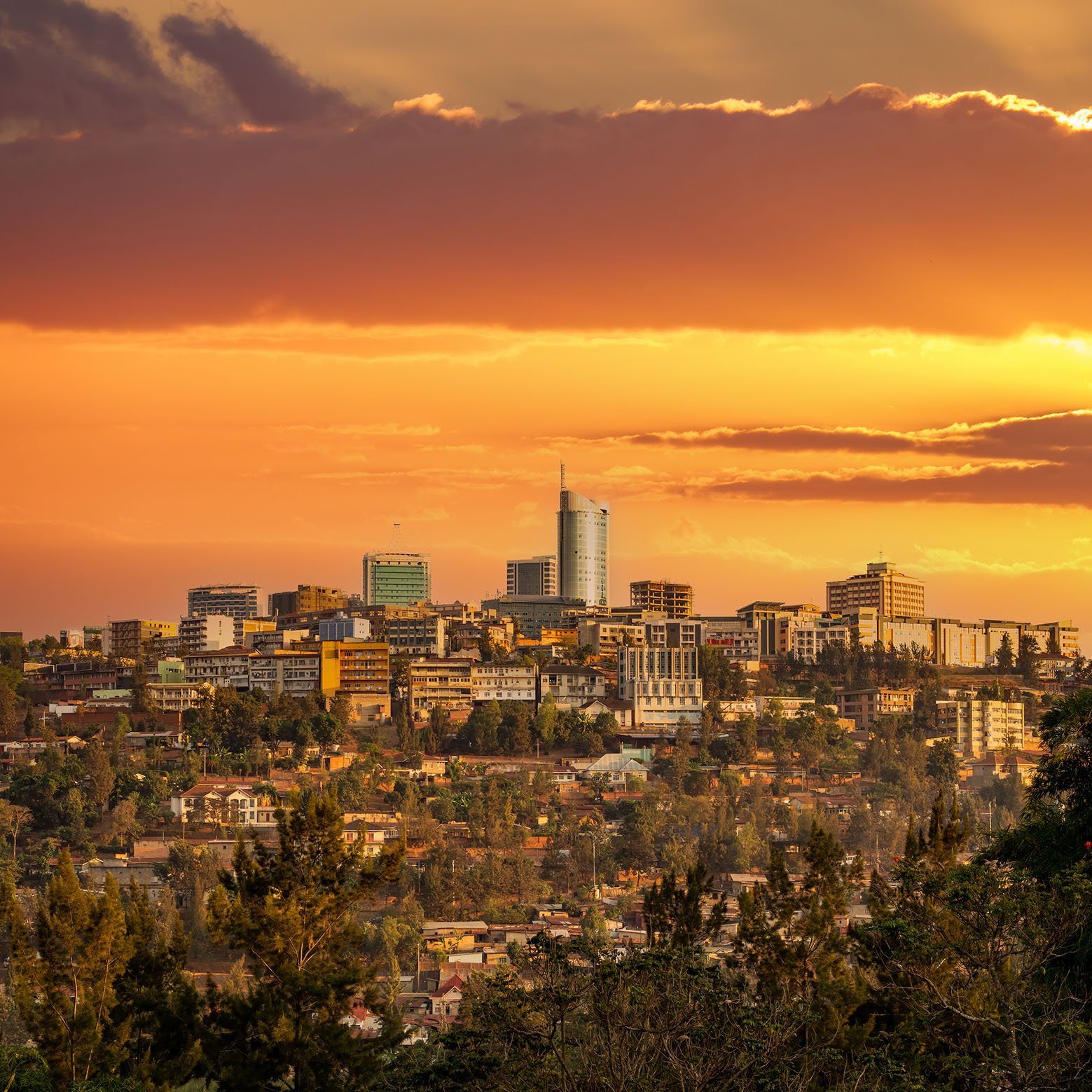 Dusk over Kigali downtown skyscraper in Rwanda